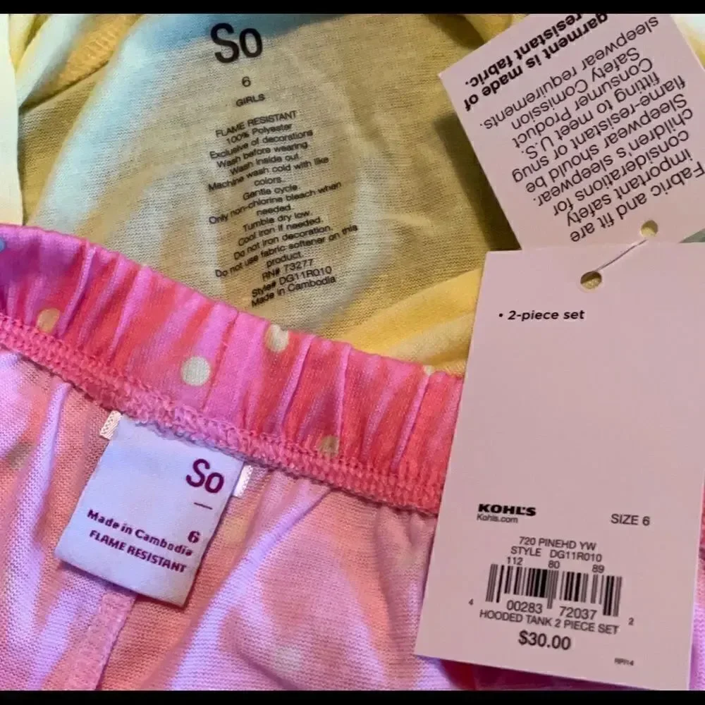SO Girls Size 6 Pineapple Hooded Tank Too & Shorts Pajama Set